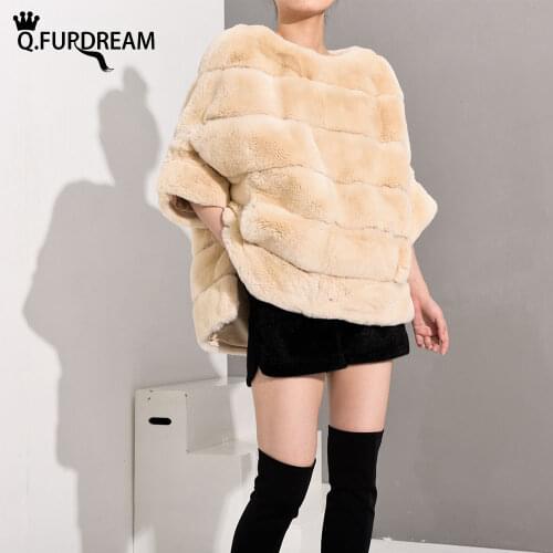Q.FURDREAM Natural Rex Rabbit fur Colthing Regular Collar Whole Colored Sleeveless Winter Thick Fashion Luxury Stripes Jacket