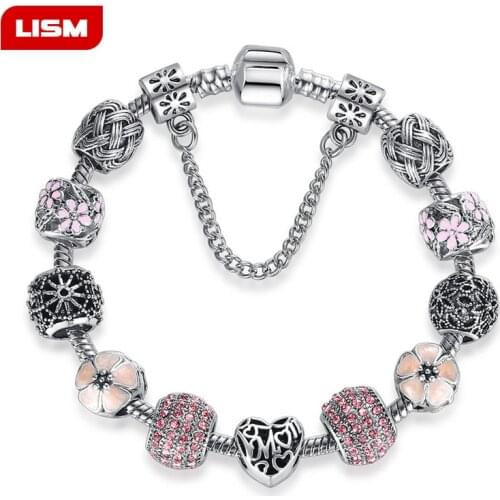 Romantic Silver Plated Flower Heart Charm Beads Bracelet DIY Jewelry for Women Fit Original Bracelets Pulseira