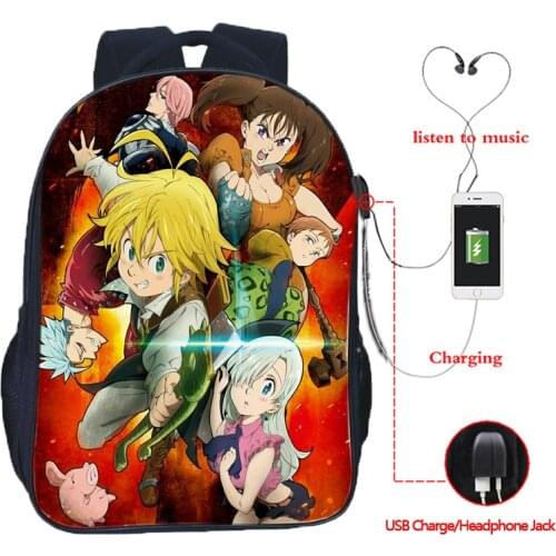 The Seven Deadly Sins Nanatsu No Taizai USB Charge Backpacks boys girls Students The Seven Deadly School Bag