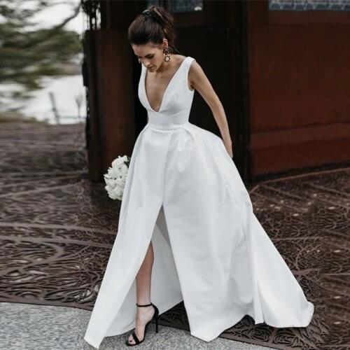Sexy V Neck Sleeveless Satin Wedding Gowns Vestido De Noiva 2020 Simple Plain Side Split Bride Dresses Wedding Gown