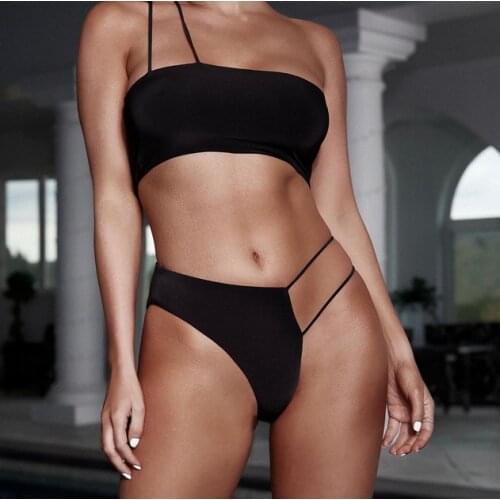 Sexy Bikini Set One Shoulder Bra Thongs Swim Bottoms Swimming Swimsuit for Women