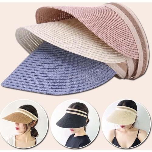 2021 New Straw Woven Sun Hat Summer Sunscreen Empty Top Hat Foldable Peak Cap Outdoor Beach Hat Riding Uv Protection Female Hat