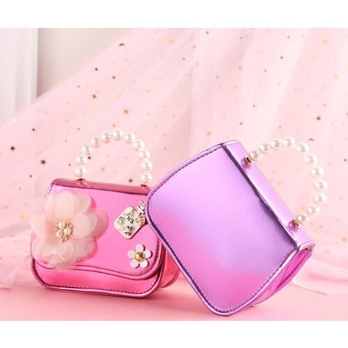 New Toddlers Sweet Style Chain Handbag Little Girls Faux Pearl Hand Grip Flower Dual-use Messenger Bag