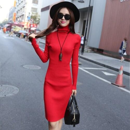 Thick Turtleneck Sweater Womens Tops Mid-length 2021 Autumn and Winter New Tight-fitting Sweater Skirt Long-sleeved Dress 701