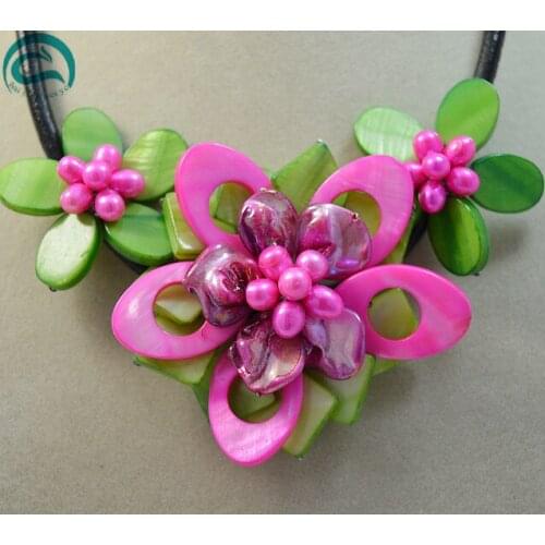 Unique Pearls jewellery Store Handmade Real Freshwater Pearl Pink Green Shell Flower Leather Necklace Chirstmas Gift For Women