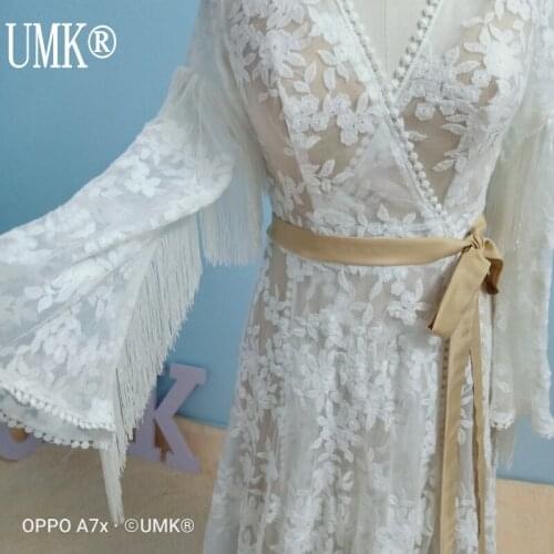 UMK Vestido De Noiva 2020 Vintage Bohemia Long Sleeve Wedding Dress Elegant Tassel Backless Plus size Beach Wedding Gowns