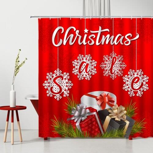 Red Shower Curtains Merry Christmas Snowflake Fir Leaf Gift Printed Polyester Home Bathroom Decor Washable Fabric Curtain Set