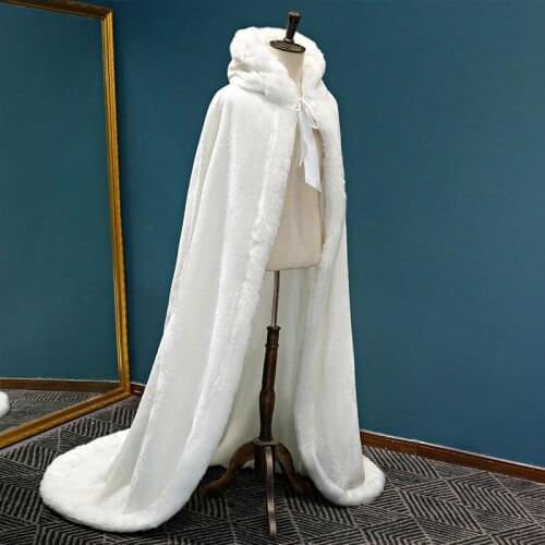 White Womens Wedding Cloak Coat with Hoods Winter Long Jacket Bridal Wraps Warm Faux Fur Cape chale femme mariage J03