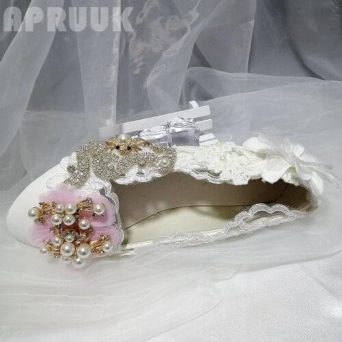 Pink white crystal flower flats shoes woman luxury silver crystal handmade white flowers bridal wedding flats shoes womens