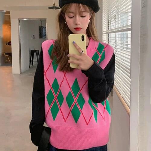 Korean Pink Argyle Sweater Vest for Women 2020 Autumn Winter Pullover waistcoat Vest knitted Vest Sleeveless jecket gilet femme