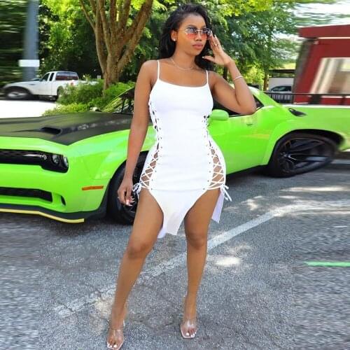 2021 Black White Lace Up Hollow Out Bandage Dress for Women Spaghetti Strap Sleeveless Vestidos Streetwear Club Dress Clothing