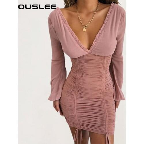OUSLEE Chiffon Dress Women 2021 Spring Autumn Long Sleeves Slim Elastic Bodycon Bandage Dress Female Pleated Party Short Dresses