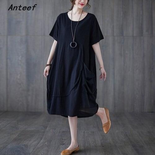 Short sleeve black cotton linen vintage dresses for women casual loose midi woman summer dress elegant clothes 2021