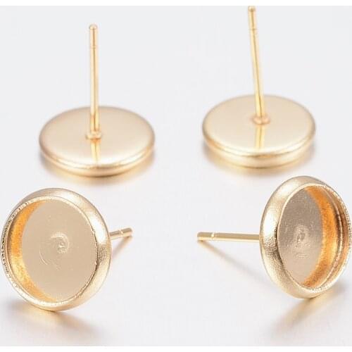 100pcs 304 Stainless Steel Ear Studs Flat Round Tray for 6/8/10/12mm Golden Earring Making Accessories