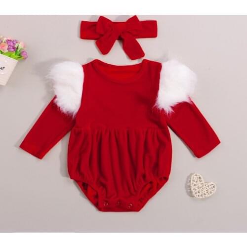 Chrositmas Newborn Baby Girls 2Pcs Fall Outfits Faux Fur Ruffle Trim Long Sleeve Romper with Headband Set Toddler Jumpsuits Set