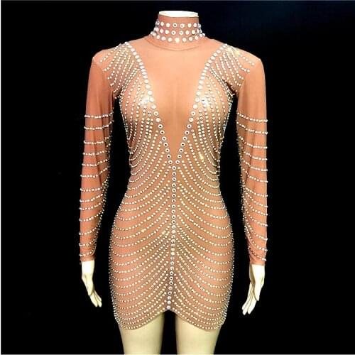 AB Color Rhinestones Sexy Stretch Dress Rhinestones Evening Party Dance Stones Outfit Stage Performance Fashion Show Costume