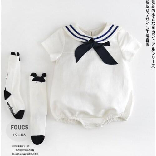 Baby girl sailor Bodysuit Cotton 100% bow knot navy Jumpsuit+socks Summer baby Clothes Newborn infant Girl Clothing for 6-18M