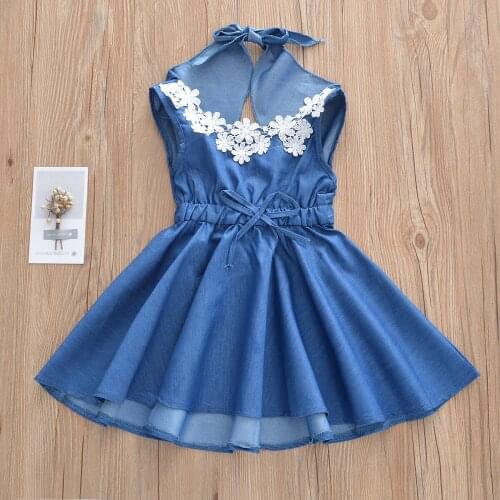 Kids Girls Floral Denim Dress Backless Summer Dresses 2021 New Children Princess Jean Dress Sleeveless Lace Cute Clothes