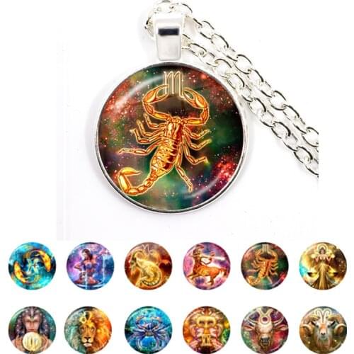 Handmade Esoteric 12 Constellations Glass Necklace Leo Virgo Libra Scorpio Zodiac Sign Pendant Necklaces for Birthday Gift