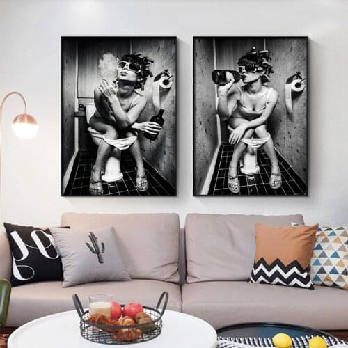 Canvas Painting Black and White Style of Sexy Naked Woman Sitting The Toilet Smoking Poster Wall Picture Living Room Decoration