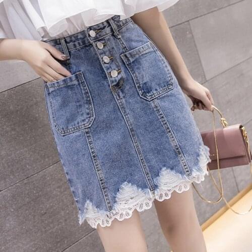 Summer Fashion Womens High Waisted Button Fly Ripped Hole Lace Patchwork Slim Denim Skirt , Female Women Xxl pencil Jeans Skirts