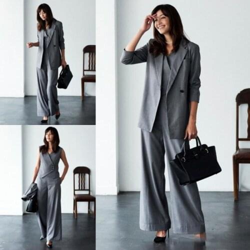 Fashion Mother Of The Bride Pant Suits For Wedding Grey Three Pieces Long Sleeve Women Suits Satin Plus Size Evening Wear Gowns