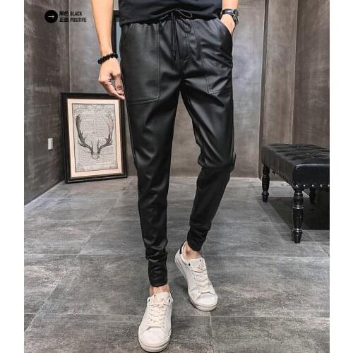 Spring summer leather pants mens feet pants fashion motorcycle pu trousers for men personality pantalon homme black