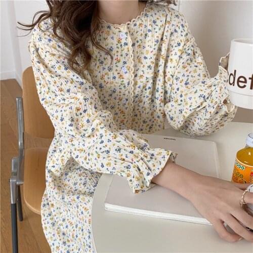 Sweet Floral Print Autumn Nightgown Korean Loose Ruffles Long Sleepwear Women Casual Cotton Homewear Ins Kawaii Home Clothes