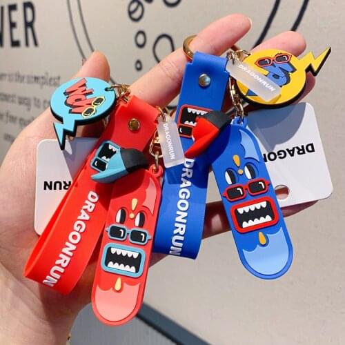 2021 New Cartoon Crazy Skateboard Cartoon Keychain Personality Simple PVC Car Pendant Men Women Cute Bag KeyRing Gifts Ornaments