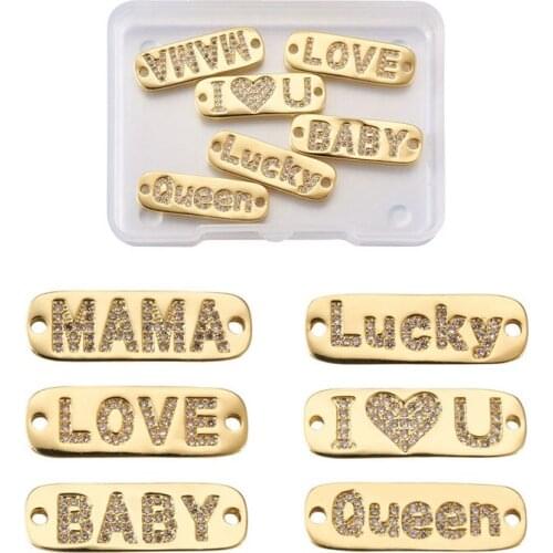 Pandahall 6pcs Brass Cubic Zirconia Links with Words LOVE Lucky MAMA BABY for Jewelry Making DIY Bracelet Necklace 9x27x2mm