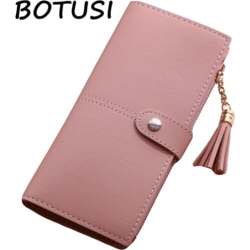 BOTUSI Pure Color Simple Tassel Wallet Female Long Wallet Women Zipper Purse Strap Coin Purse Card Holder Fashion PU Leather