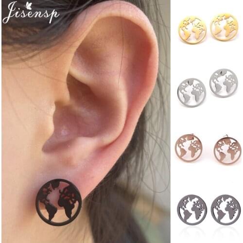 Simple Punk World Map Earrings Brincos Stainless Steel Round Circle Stud Earring Women Outdoor Couple Jewelry Wholesale