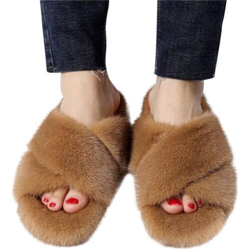 Luxury Womens Winter Real Mink Fur Slippers Flat Heel Sliders Top Quality Lady Luxury Fur Sandals Outdoor Warm Cute Slipper