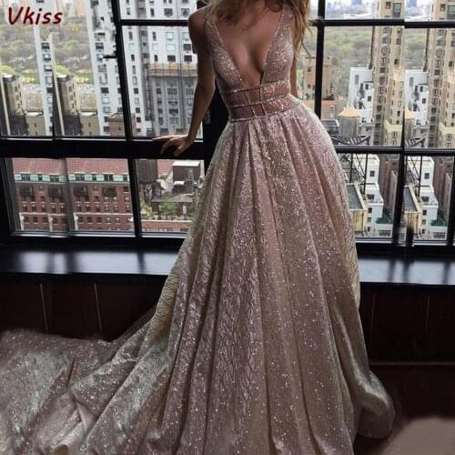 Rose Pink Tulle Maxi Sequin Prom Dresses 2020 Women Elegant Party Sparkle Long Vestidos Gala V-Neck Backless Robes Evening Dress