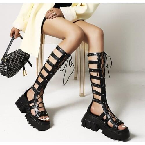 Classic fashion punk cross strap roman gladiator summer sandals women knee high boots sexy cut-outs black casual shoes woman