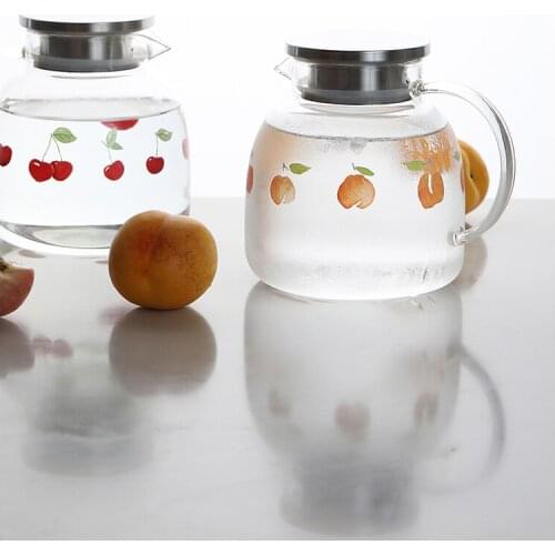 Kawaii cute water bottle heat-resisting creative cherry peach printed glass bottles home kitchen use 1408ml flower tea container
