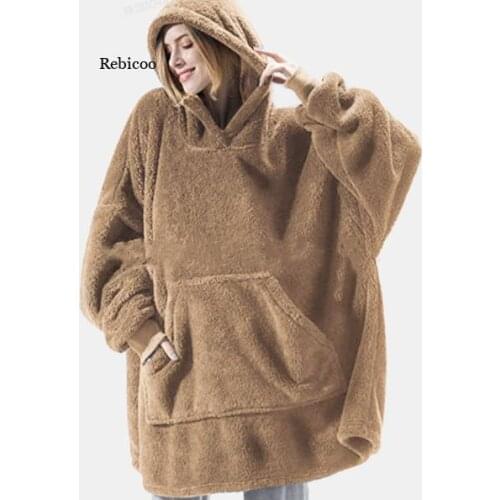 Unisex Tv Blanket Hoodie Thick Winter Warm Fleece Sweat Giant Pocket Oversized Sweatshirts Homewear Women Coat