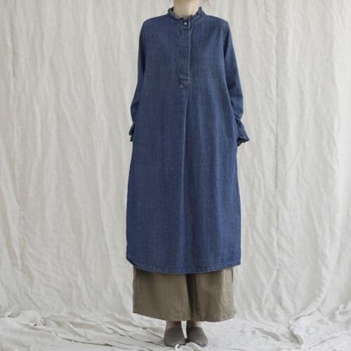 Vintage stand collar long sleeve retro denim dress 2020 autumn 6195-W