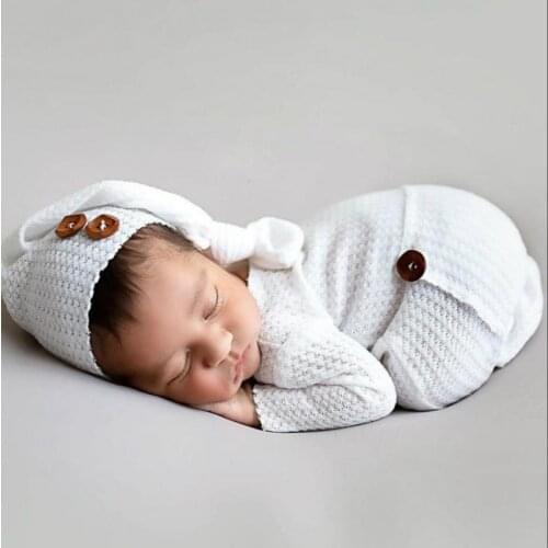 Crochet Newborn Photography Props Romper Set Hat Baby Photo Studio Shoot Boy Outfit Infant Knitted Footed Costume Clothes