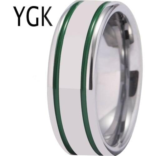 YGK Wedding Jewelry Silver Pipe With 2 Green Lines Top Tungsten Rings for Mens Bridegroom Wedding Engagement Anniversary Ring