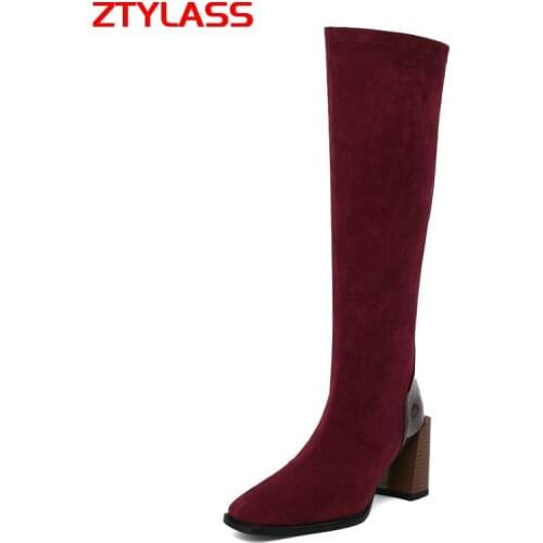 2021 New Autumn Winter Women Boots Faux Suede Zipper Knee High Boots Lady Square Toe Thick High Heel Long Boots Womens Shoes