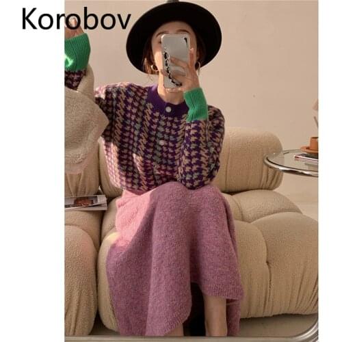 Korobov Houndstooth Sweater Women Retro Japanese Lazy Wind Winter New Loose Sweater Coat + Floral Yarn Skirt