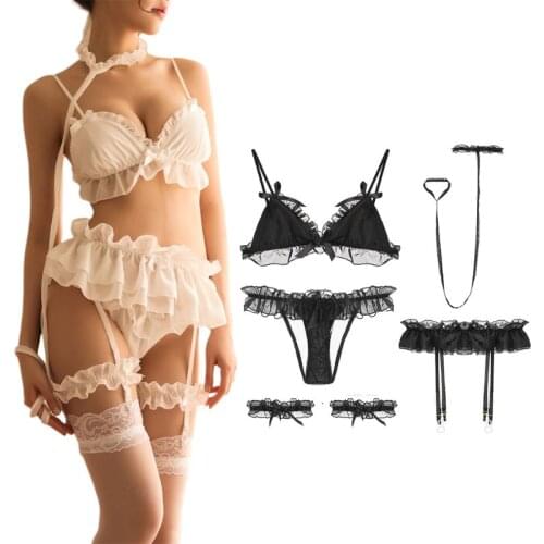 Womens Sexy Chiffon Cosplay Lingerie Set Lolita Ruffles Lace Bra Panties Babydoll Underwear Garter Belt Nightwear with Chocker