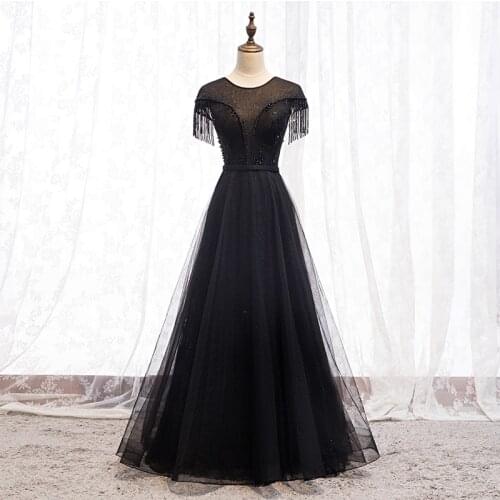 Bespoke Occasion Dresses Illusion O-Neck Short A-Line Crystal Beading Sequined Luxury Black Tulle Lady Formal Evening Gown HB135