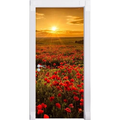 3D Door Sticker Dusk Flower Field Mural Wall Sticker DIY Door Cover Kitchen Home Decoration Accessories Modern 3d Wall Stickers