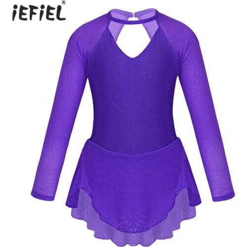 Children Kids Sheer Long Sleeves Tulle Ballet Dress Leotards for Figure Ice Skating Roller Skating Leotard Dress Girls Dancewear