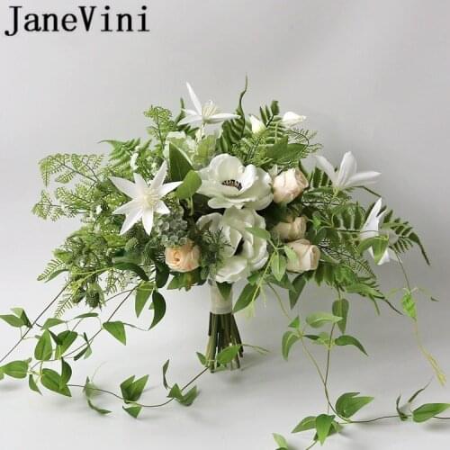 JaneVini Blumenstrauss Bride White Flower Bouquets Artificial Green Leaves Bridesmaid Wedding Bridal Bouquet Fleur Mariage 2019