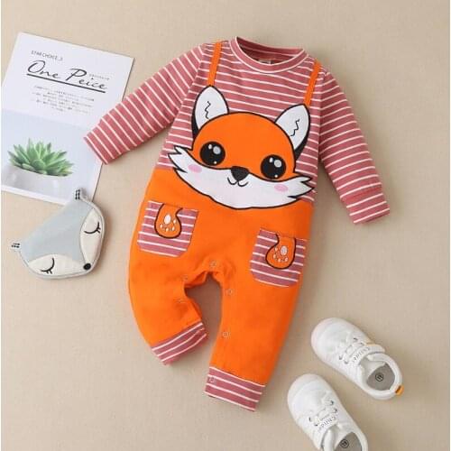Spring Fall Winter Baby Girl Romper Lovely Embroidery Cartoon Fox Patchwork Striped Long Sleeve Baby Jumpsuit Baby Onesie 3-18M