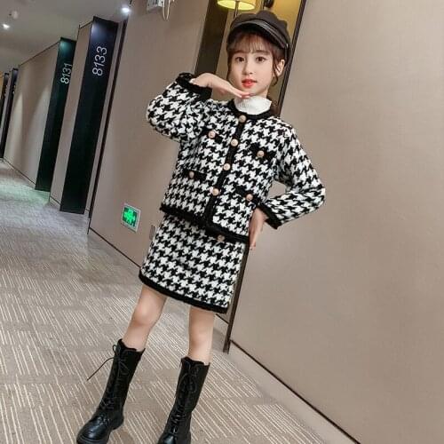 Spring Autumn Girls Fashion Houndstooth 2 Pieces Suit Coat+skirt Kids Tweed Sets Girls Clothes young children Clothing sets