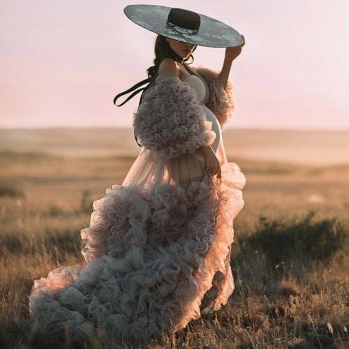 Pretty See Thru Tulle Maternity Dress For Photoshoot Or Babyshower Gowns Ruffles Tiered Open Front Bridal Gowns